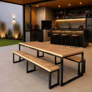 Mesa C/ 2 Bancos Área Gourmet Estilo Industrial 8 Lugares 80 x 250cm
