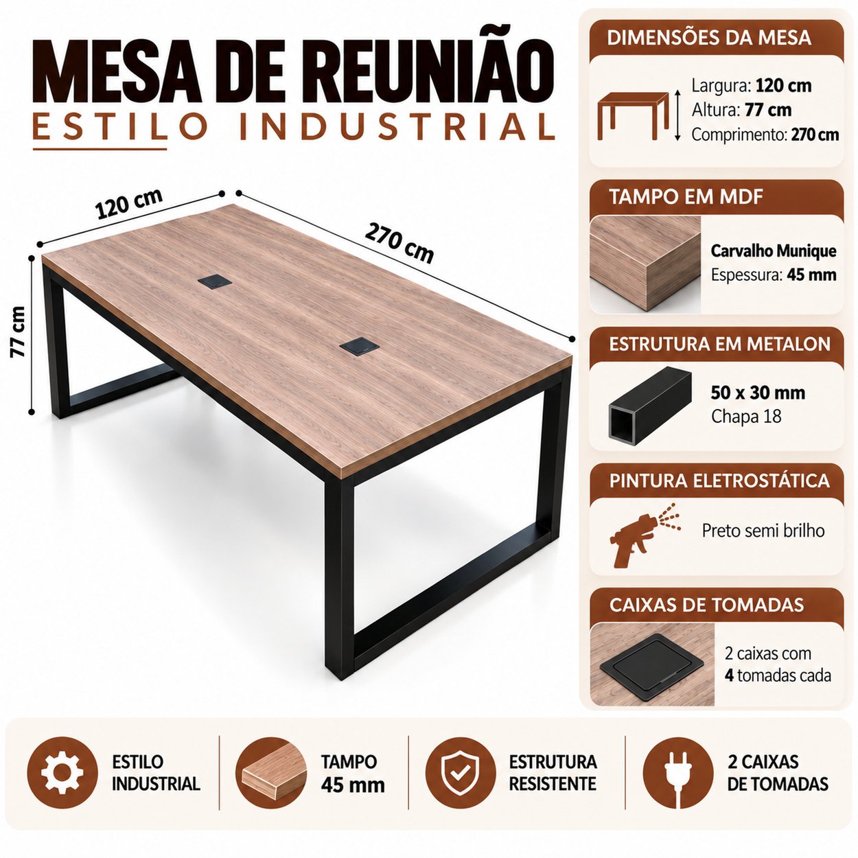 Mesa de Reunião 6 a 8 Lugares Estilo Industrial 120 x 270cm - Imagem 5